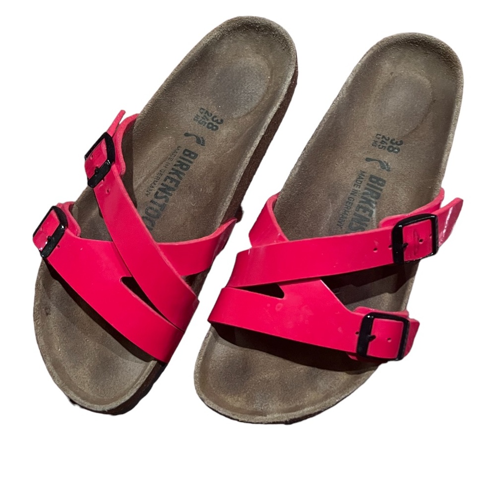 Birkenstocks red strap sandals